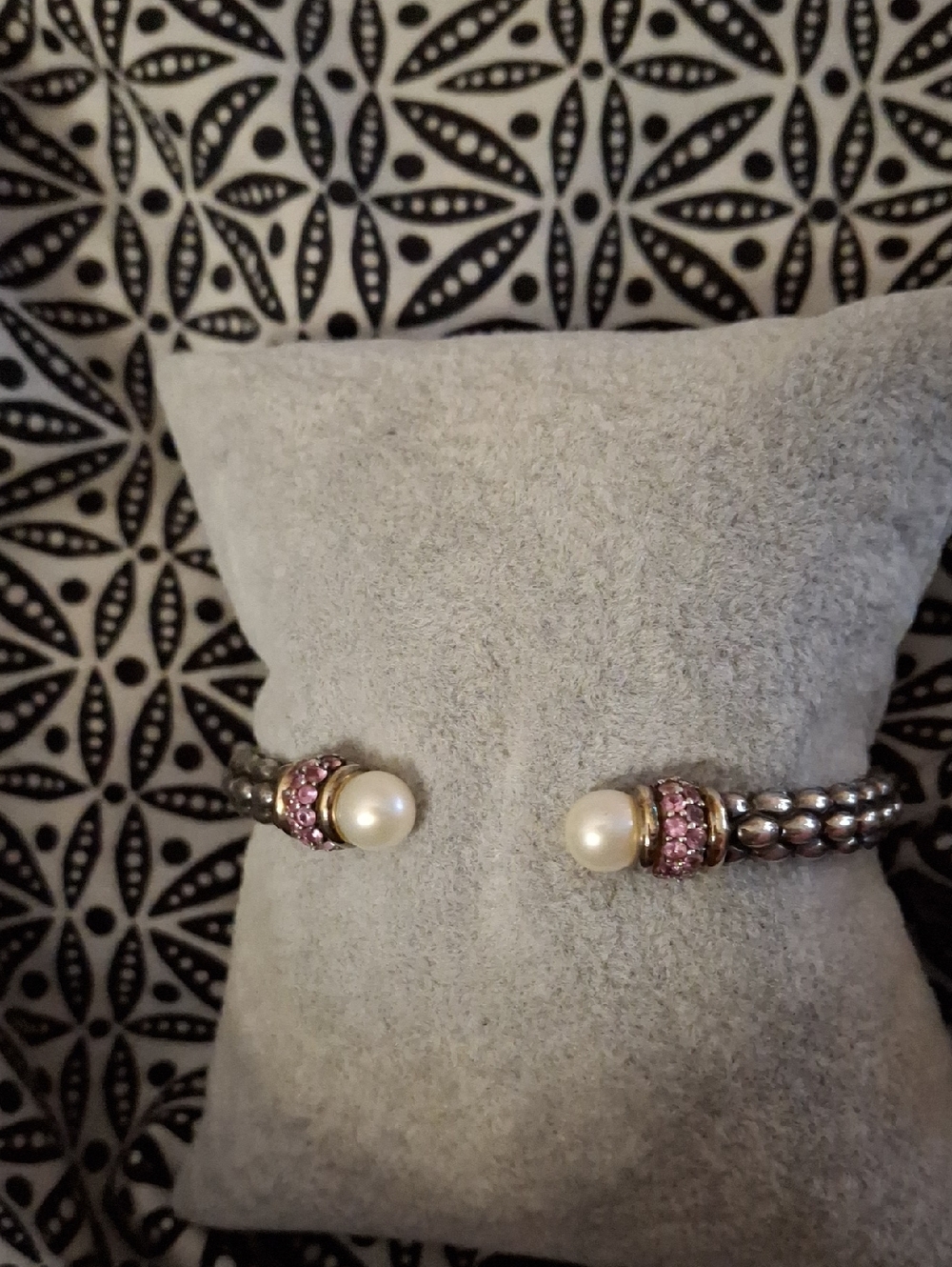 Pearl and Pink Saphire Silver And Gold Open Cuff Bracelet - Women Jewelry